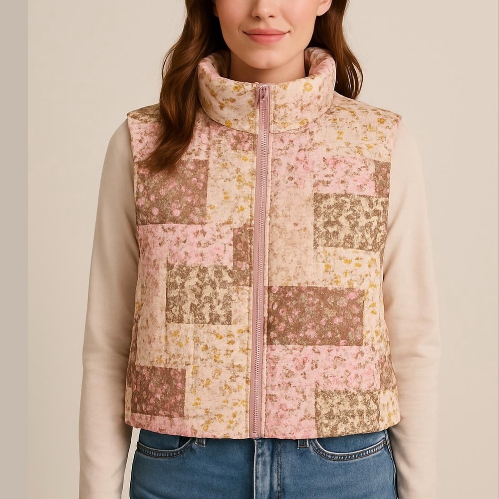THREAD & SUPPLY quilted pastel vest floral patchwork full zip pockets pink large